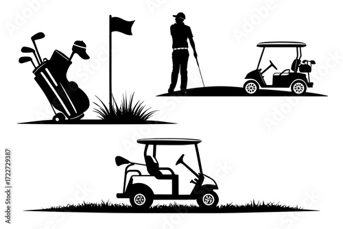 Silhouette set of golf equipment, golf cart, bag, golfer,  vector Illustration 