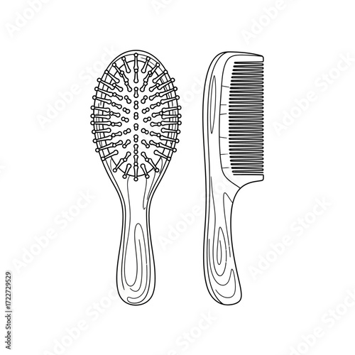 Outline illustration of a wooden hairbrush and comb, presented in a clean, minimalist style