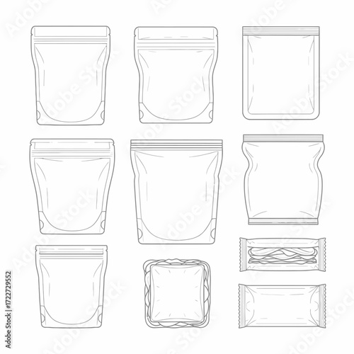 Various types of plastic bag designs with zipper seals and transparent packaging for food and storage