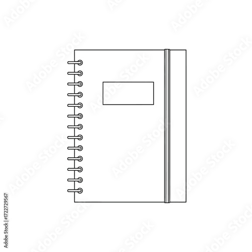 Minimalist Outline Vector Illustration of a Spiral-Bound Notebook with Elastic Band Closure and Blank Label, Perfect for Educational, Office, or Personal Journaling Themes