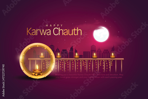 Indian Hindu Festival Happy Karwa Chauth background with strainer and diya isolated. Creative vector illustration design.