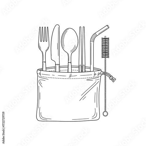Line art drawing of a personal reusable utensil set for sustainable living. Portable eco-friendly flatware kit in a fabric pouch for travel