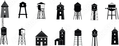 Black and white water tower illustrations, architectural engineering sketches, urban infrastructure, vintage storage tanks, municipal structures, industrial design, city planning, architectural elemen