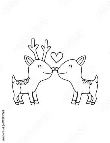 Cherished Deer:  Two endearing deer are shown in a simple black and white illustration, connecting nose to nose, a symbol of love and endearment, with a heart above them.