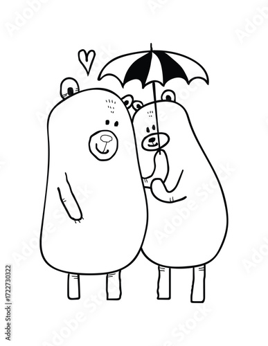 Love Under Umbrella: A heartwarming and adorable monochrome illustration depicting two cute bears sharing a tender moment of love under an umbrella.