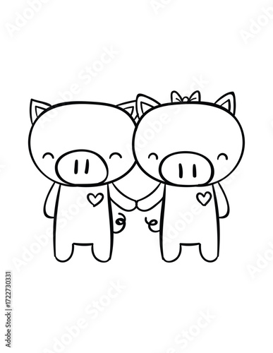 Cutesy Pig Couple: A heartwarming illustration of two adorable pigs holding hands, their hearts on full display in a minimalistic, yet emotive style, capturing the essence of love and friendship.