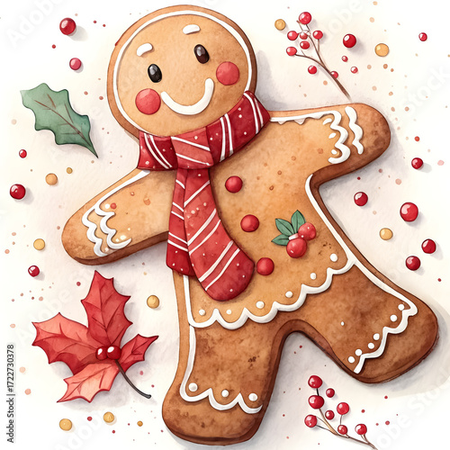 Festive watercolor clipart of gingerbread man cookie, isolated on white background