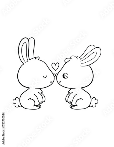Love's Sweet Embrace: Two charming bunnies, caught in a tender moment of affection, their noses touching, with a delicate heart symbolizing their bond of love and companionship.