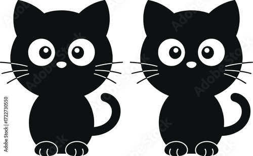 Two cute cartoon black cats with big eyes stand side by side