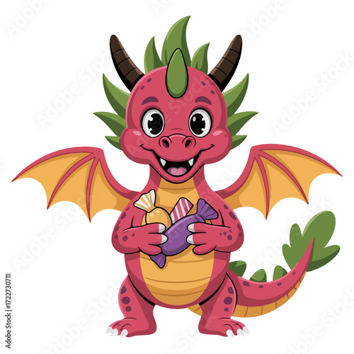A Cute cartoon dragon with candy in hands