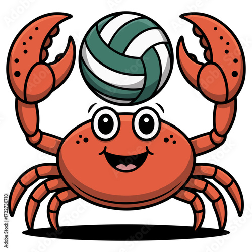 A cheerful cartoon crab balancing a volleyball with its claws. This playful image captures the essence of summer fun and beachside sports