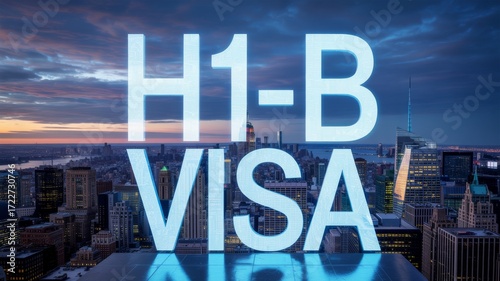 H1-B Visa text over New York skyline at dusk
