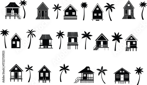 Tropical house silhouettes, island stilt homes, palm tree huts, coastal architecture, exotic cottages, beach cabins, vacation villas, summer bungalows, paradise dwellings, seaside retreats
