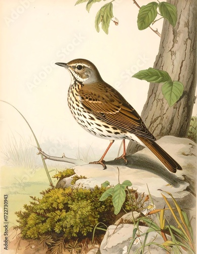 Detailed illustration of a small brown bird perched on a rock