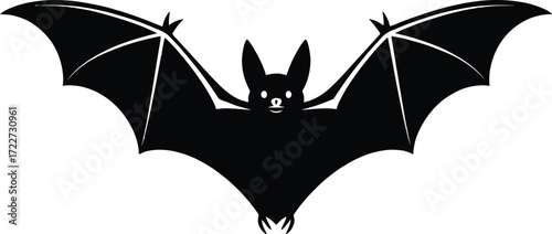 Mysterious black bat silhouette with outstretched wings against a white background, ready to fly.
