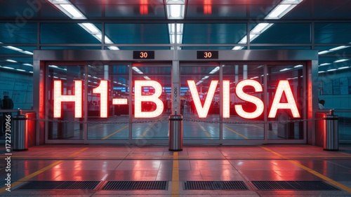 H1-B Visa glowing red text at airport entrance