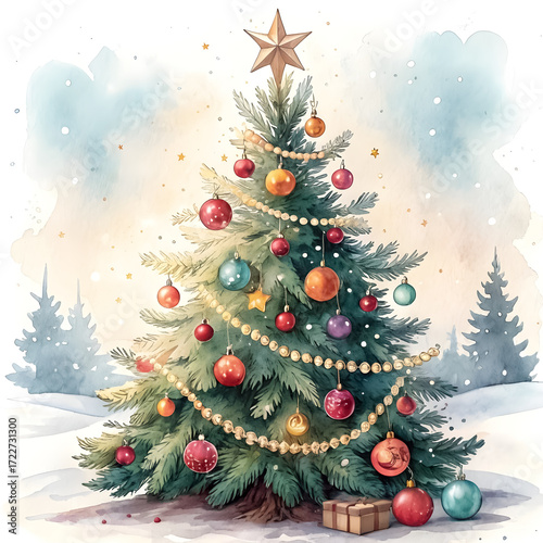 Watercolor clipart of decorated Christmas tree with ornaments, isolated on white background