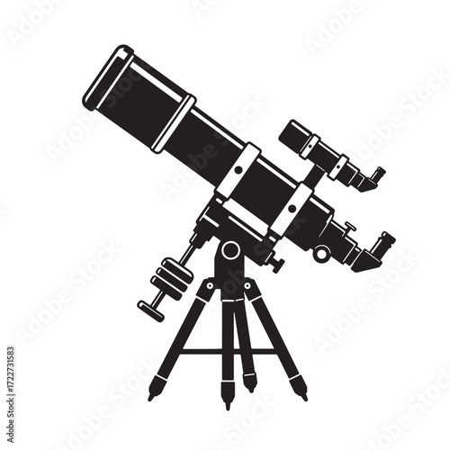 A black and white illustration of a classic telescope for stargazing or astronomy