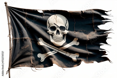 A black pirate flag, emblazoned with a white skull and crossbones, waves with tattered edges against a clear white background.