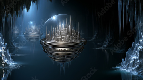 어두운 동굴안에 떠 있는 미시 세계의 문명화된 도시, 초현실적 배경-A civilized city of microscopic life forms floating within a dark cave, surreal landscape