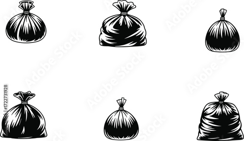 Garbage bag illustrations, black and white design, trash icons, waste disposal graphics, tied bags, sanitation concept, refuse art, cleanup symbols