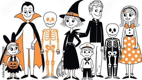 Whimsical cartoon family dressed in festive Halloween costumes for trick-or-treating