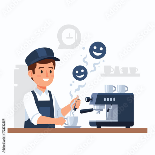 Happy male barista preparing fresh coffee with a professional espresso machine, providing excellent and quick customer service in a cafe