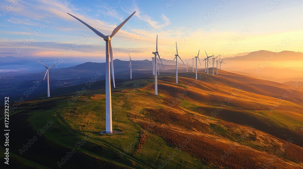 Naklejka premium Corporate Sustainability A row of massive, sleek white wind turbines on a hill at sunrise, turning slowly in the wind. A symbol of renewable energy, sustainability, and corporate responsibility.