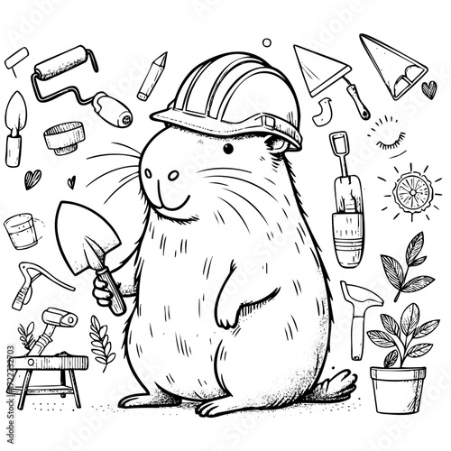 Cartoon of a small animal wearing a hard hat and holding a shovel. The image is filled with various tools and objects, such as a hammer, a screwdriver, and a potted plant