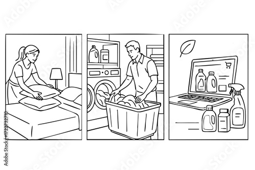 Woman folding a bed, a man washing clothes, and a laptop on a table. The woman is in the process of making the bed, while the man is sorting through his laundry. The laptop is open