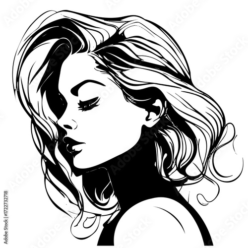 Woman with long blonde hair and a black and white drawing of her. The woman's hair is long and flowing, and she has a black