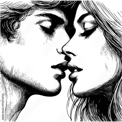 Man and a woman are kissing each other's lips. The man is on the left and the woman is on the right