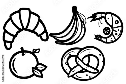 Variety of food items, including a banana, an apple, a croissant, and a roll. The banana is positioned in the middle of the image, while the apple is located on the left side