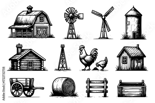 The image is a collection of farm buildings and farm animals. The buildings include a barn, a house, and a windmill. The animals include a chicken and a cow. The scene is set in a rural area