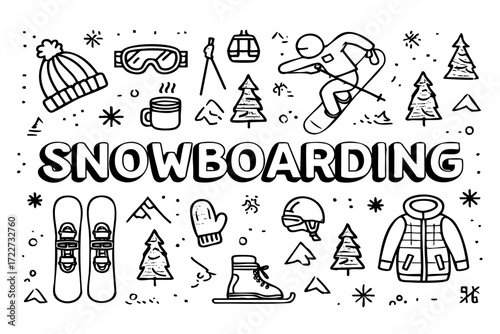 Snowboarding poster with a lot of snowboard and skiing equipment. The poster is black and white