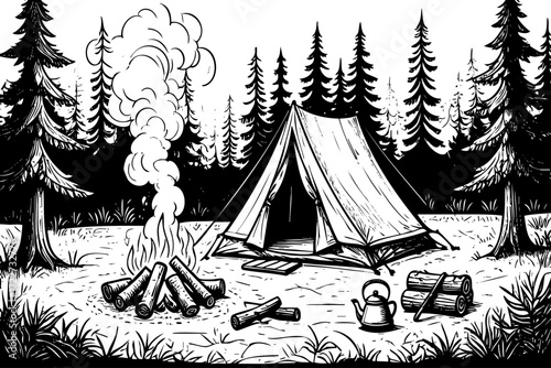 Black and white drawing of a campsite with a tent, a kettle, and a fire. The scene is set in a forest with trees surrounding the campsite. The fire is the main focal point of the image