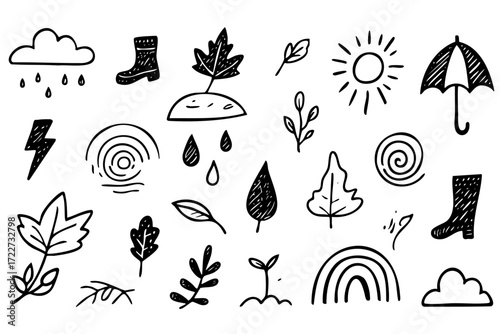 Drawing of various weather elements such as rain, sun, and clouds. The drawing is filled with different shapes and lines, giving it a playful and whimsical feel