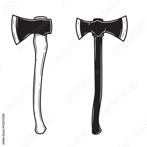 Black and white illustration of two vintage axes isolated on a white background