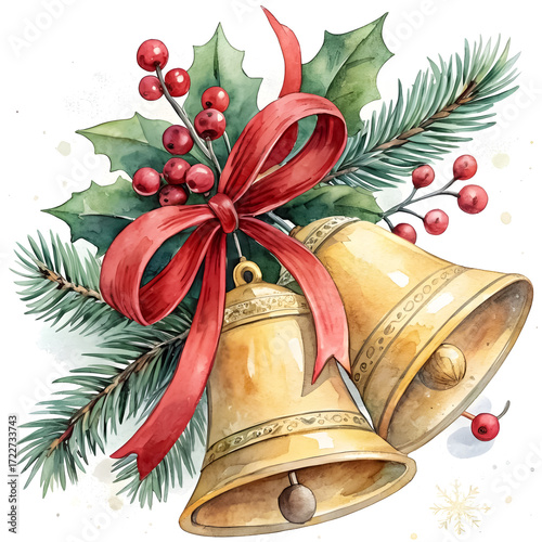 Watercolor clipart of Christmas bells tied with red ribbon, isolated on white background