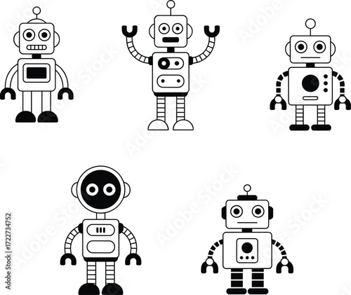 Cartoon robots illustration, cute robot characters, futuristic droid artwork, artificial intelligence design, playful machine icons, creative robotics drawing, friendly android concept, technology art