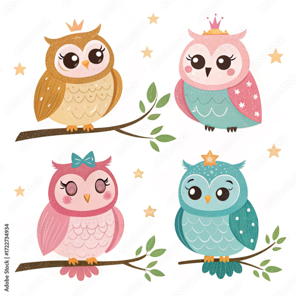 Fototapeta premium set of funny colourful cartoon owl 