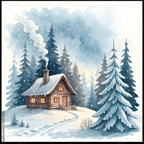Watercolor clipart of snowy cabin with pine trees, isolated on white background