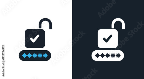 Modern security icon open padlock with password input and checkmark for digital access