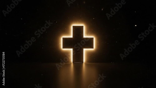 Glowing Cross on Black Background with Light Particles