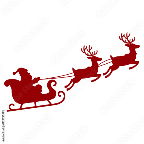 Merry Christmas greeting card with Santa sleigh and reindeer white silhouette on red background vector Santa Claus with sleigh maroon 