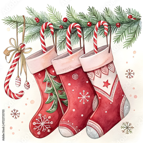 Watercolor clipart of red Christmas stockings hanging with candy canes, isolated on white background