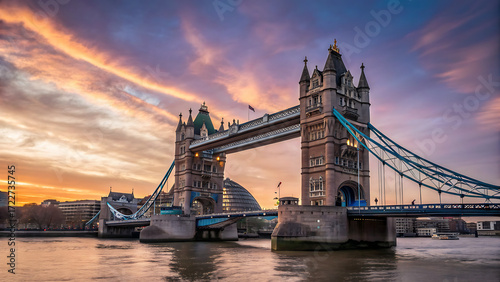 London at sunrise, showcasing a vibrant cityscape with a clear blue sky.