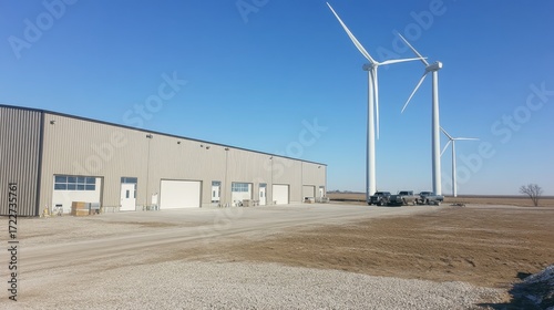 Wind Turbines Next to Industrial Building in Open Landscape