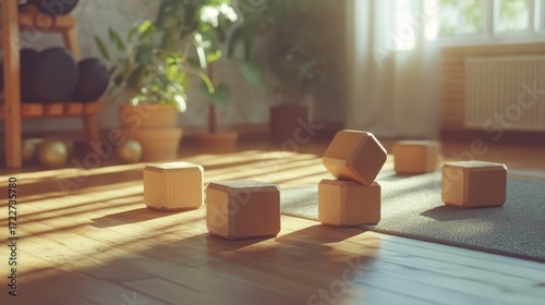 Wooden Blocks on Yoga Mat in Sunlit Room with Green Plants