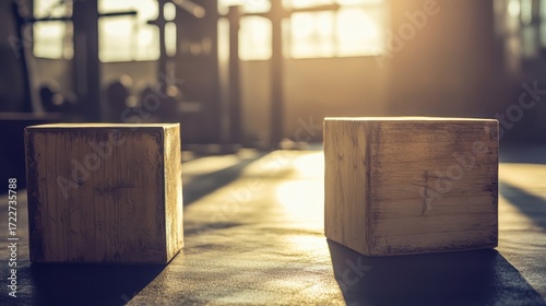 Wooden Blocks on Gym Floor during Morning Light in Fitness Studio